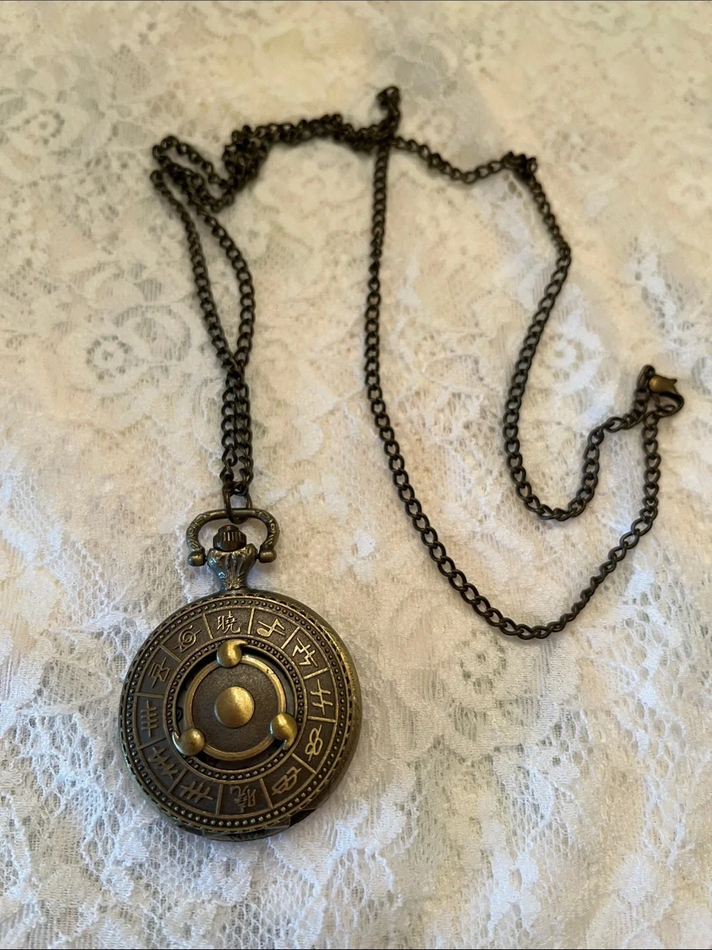 Bronze-tone Vintage Style Pocket Watch Necklace with Asian Motif